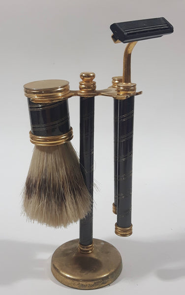 Vintage Black Colored Brass Metal Shaving Brush and Razor Stand Holder Made in Hong Kong