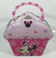 2018 Disney Minnie Mouse Pink Cupcake Shaped Embossed Tin Metal Lunch Box with Bead Handle