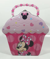 2018 Disney Minnie Mouse Pink Cupcake Shaped Embossed Tin Metal Lunch Box with Bead Handle