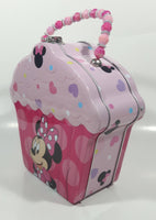 2018 Disney Minnie Mouse Pink Cupcake Shaped Embossed Tin Metal Lunch Box with Bead Handle