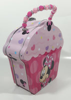 2018 Disney Minnie Mouse Pink Cupcake Shaped Embossed Tin Metal Lunch Box with Bead Handle