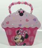 2018 Disney Minnie Mouse Pink Cupcake Shaped Embossed Tin Metal Lunch Box with Bead Handle