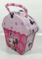 2018 Disney Minnie Mouse Pink Cupcake Shaped Embossed Tin Metal Lunch Box with Bead Handle