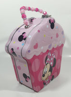 2018 Disney Minnie Mouse Pink Cupcake Shaped Embossed Tin Metal Lunch Box with Bead Handle