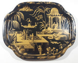 Vintage Worcester Ware Oriental Design Black Lacquered Heavy Metal Serving Tray