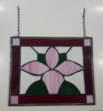 Vintage Pink Flower with Green Leaves Dark Red Bordered Leaded Stained Glass 11" x 13 1/4" with Chain Hangers