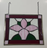 Vintage Pink Flower with Green Leaves Dark Red Bordered Leaded Stained Glass 11" x 13 1/4" with Chain Hangers