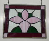 Vintage Pink Flower with Green Leaves Dark Red Bordered Leaded Stained Glass 11" x 13 1/4" with Chain Hangers