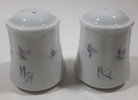 Vintage Florencia Small Purple Flowers White 2 1/2" Tall Ceramic Salt and Pepper Shaker Set Made in Chile