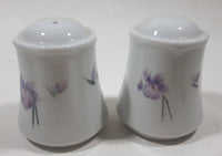 Vintage Florencia Small Purple Flowers White 2 1/2" Tall Ceramic Salt and Pepper Shaker Set Made in Chile