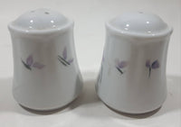 Vintage Florencia Small Purple Flowers White 2 1/2" Tall Ceramic Salt and Pepper Shaker Set Made in Chile