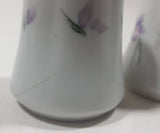 Vintage Florencia Small Purple Flowers White 2 1/2" Tall Ceramic Salt and Pepper Shaker Set Made in Chile