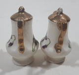 Vintage Purple Flower Gold Painted Top Teapot Shaped Ceramic 2 1/4" Tall Salt and Pepper Shaker Set