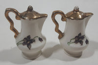 Vintage Purple Flower Gold Painted Top Teapot Shaped Ceramic 2 1/4" Tall Salt and Pepper Shaker Set