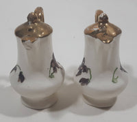 Vintage Purple Flower Gold Painted Top Teapot Shaped Ceramic 2 1/4" Tall Salt and Pepper Shaker Set