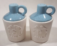 Vintage White and Blue Embossed Stoneware Jug Style 5 1/2" Tall Salt and Pepper Shaker Set Made in USA