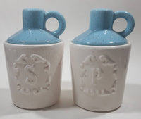 Vintage White and Blue Embossed Stoneware Jug Style 5 1/2" Tall Salt and Pepper Shaker Set Made in USA