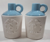 Vintage White and Blue Embossed Stoneware Jug Style 5 1/2" Tall Salt and Pepper Shaker Set Made in USA