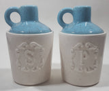 Vintage White and Blue Embossed Stoneware Jug Style 5 1/2" Tall Salt and Pepper Shaker Set Made in USA