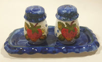 Vintage Strawberry Themed Hand Painted Blue and White 3" Tall Salt and Pepper Shaker Set with Tray