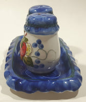 Vintage Strawberry Themed Hand Painted Blue and White 3" Tall Salt and Pepper Shaker Set with Tray