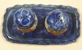 Vintage Strawberry Themed Hand Painted Blue and White 3" Tall Salt and Pepper Shaker Set with Tray