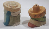 Vintage Mexican Men Sitting Covered with Sombreros Ceramic 2 1/2" and 2 3/4" Tall Salt and Pepper Shaker Set