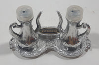 Vintage Astrodome Teapot Shaped Silver Metal 1 3/4" Tall Salt and Pepper Shaker Set with Tray