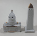 Vintage Washington Monument and U.S. Capital Shaped Gold Trimmed White Porcelain 2 5/8" and 3 5/8" Tall Salt and Pepper Shaker Set