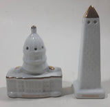 Vintage Washington Monument and U.S. Capital Shaped Gold Trimmed White Porcelain 2 5/8" and 3 5/8" Tall Salt and Pepper Shaker Set