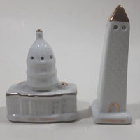 Vintage Washington Monument and U.S. Capital Shaped Gold Trimmed White Porcelain 2 5/8" and 3 5/8" Tall Salt and Pepper Shaker Set