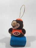 Vintage A&W Root Beer Bear Riding a Blue Toboggan 3 3/4" Tall Plush Stuffed Character Hanging Christmas Tree Ornament