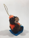 Vintage A&W Root Beer Bear Riding a Blue Toboggan 3 3/4" Tall Plush Stuffed Character Hanging Christmas Tree Ornament