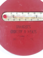 Vintage Granger's Grocery & Meat Domremy Saskatchewan Red Frying Pan Shaped 4" x 5 1/2" Plastic Advertising Thermometer