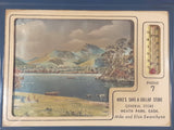 Vintage Mike's Save-A-Dollar Store General Store Meath Park Saskatchewan Mike and Elsie Ewanchyna Copper, Gold, Silver Foil Themed Lake Picture 6 1/2" x 8 1/2" Plastic Framed Advertising Thermometer