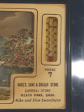 Vintage Mike's Save-A-Dollar Store General Store Meath Park Saskatchewan Mike and Elsie Ewanchyna Copper, Gold, Silver Foil Themed Lake Picture 6 1/2" x 8 1/2" Plastic Framed Advertising Thermometer