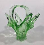 Vintage Flowering Basket Ornate Curved Touching Handles 5 3/4" Tall Bright Green Art Glass Footed Candy Dish