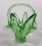 Vintage Flowering Basket Ornate Curved Touching Handles 5 3/4" Tall Bright Green Art Glass Footed Candy Dish