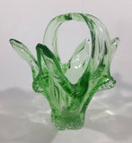 Vintage Flowering Basket Ornate Curved Touching Handles 5 3/4" Tall Bright Green Art Glass Footed Candy Dish