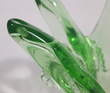Vintage Flowering Basket Ornate Curved Touching Handles 5 3/4" Tall Bright Green Art Glass Footed Candy Dish