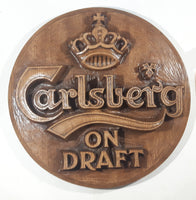 Vintage Carlsberg On Draft Faux Wood Carved Style Large 19 1/2" Diameter Pub Bar Sign