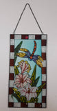 Beautifully Designed Dragonfly with Pink Flowers 8 1/4" x 16" Metal Framed Stained Painted Glass Window Pane Sun Catcher