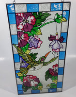 Beautifully Designed Hummingbird with Pink Flowers 8 1/4" x 16" Metal Framed Stained Painted Glass Window Pane Sun Catcher