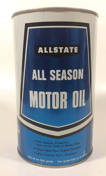 Vintage Simpsons Sears Allstate All Season Motor Oil 1 Quart 1.13 Litres SAE 10W-30 Blue and White Metal Oil Can FULL