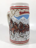 1985 Budweiser Holiday Stein Collection "A" Series "The hitch journeying through snow-capped mountains on a crisp winter's morn." 6 3/8" Tall Ceramic Beer Stein Mug