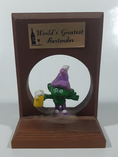 Vintage R.J. Enterprises Belleville, Ont. World's Greatest Bartender 1978 Green and Purple Smurf "Gnome Family" Holding Foaming Beer Mug Wood Bar Display