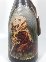 Vintage Eaton Real Leather Hand Made in Italy Hunting Dog Scenes 12 1/4" Tall Leather Wrapped Glass Bottle