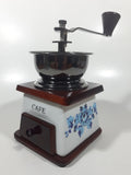 Vintage Cafe Blue Flowers White Porcelain Wood and Metal Coffee Grinder Mill