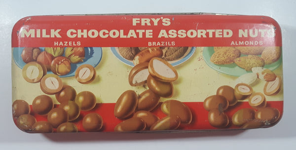 Vintage J.S. Fry & Sons LTD. Fry's Milk Chocolate Assorted Nuts Hazels Brazils Almonds Hinged Tin Metal Container