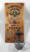 Mancave Bandidos Hideout Enjoy A Cerveza Sombrero Guns Horse Shoe Themed Wood Plaque Wall Mount Beer Bottle Opener with Metal Catch Basket